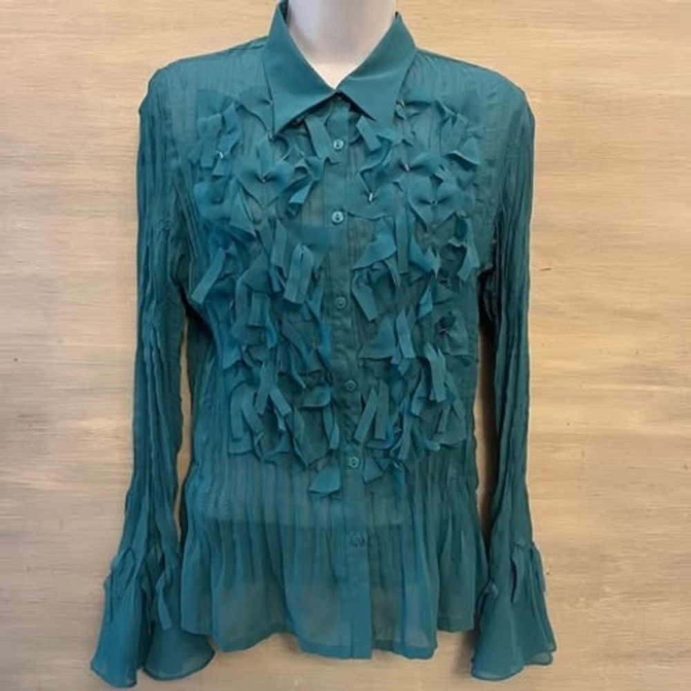 Vintage elementz Teal Blue Pleated Ruffle Front Button Down Blouse Large GC